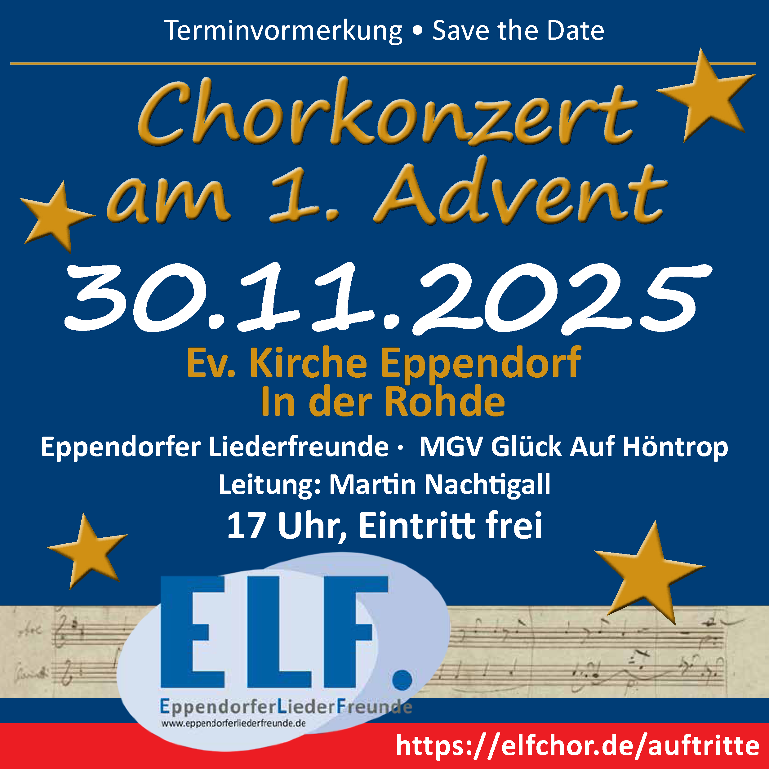 Terminvormerkung/Save the Date mit den Veranstaltungsinformationen des Chorkonzerts am 1. Advent