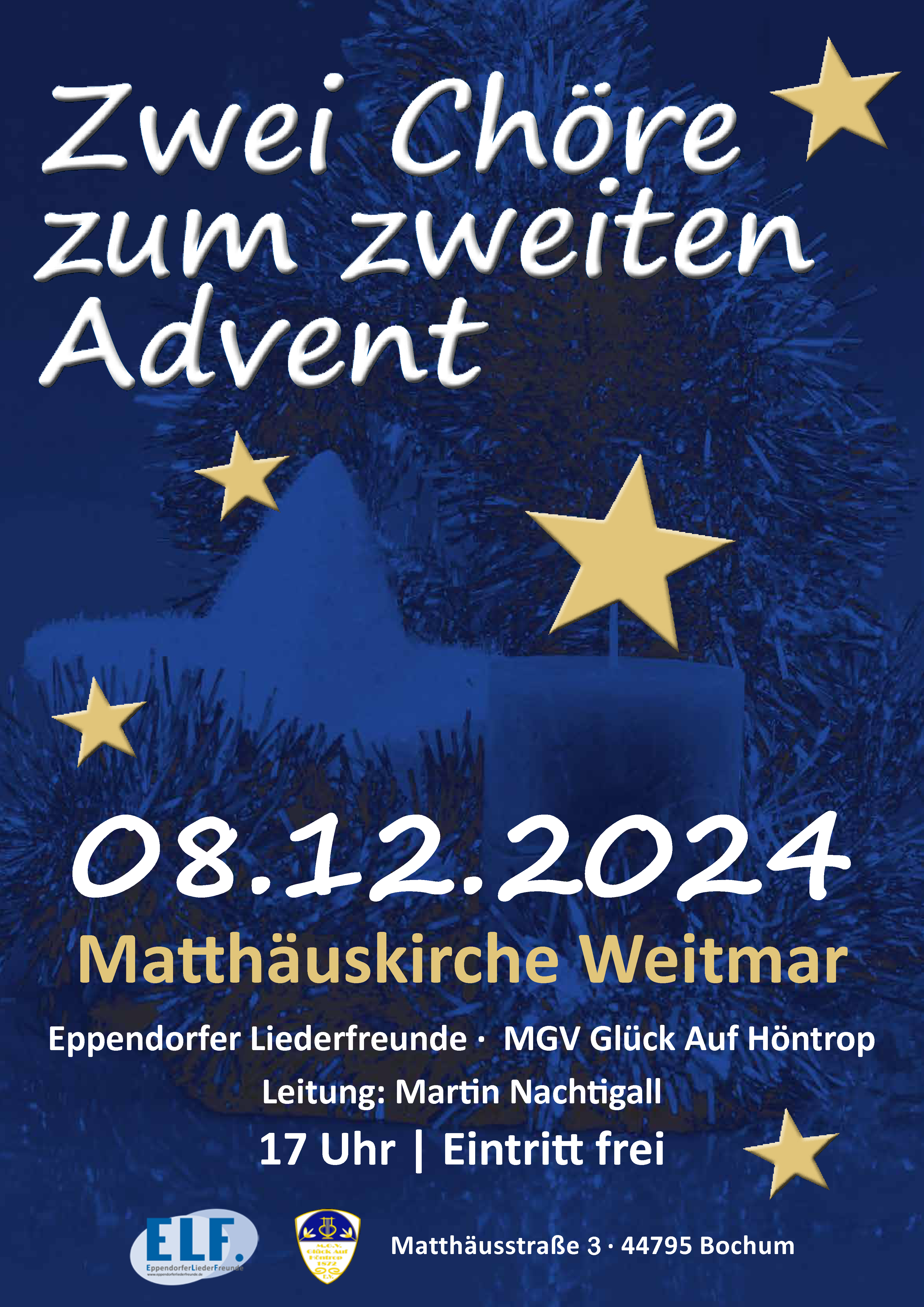 Veranstaltungsplakat 8.12.2024 "Zwei Chöre zum zweiten Advent"