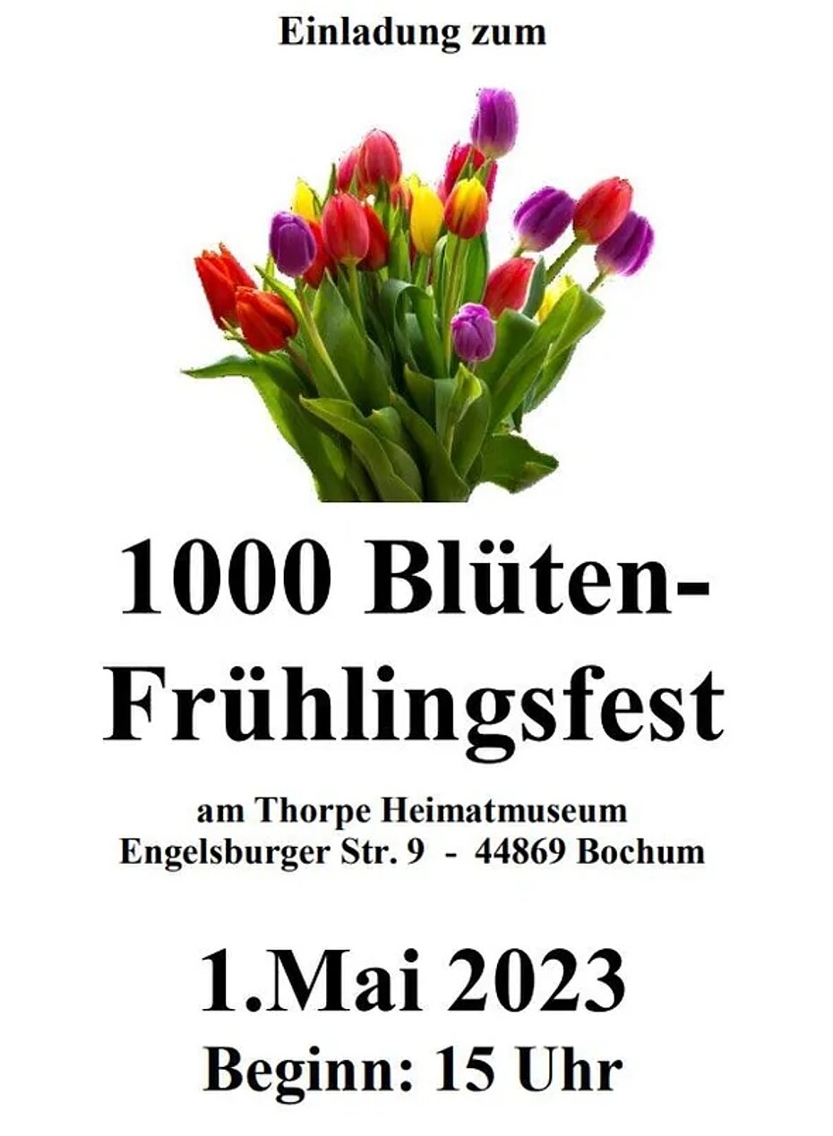 Einladungsplakat Frühlingsfest 1. Mai im Thorpe-Museum, mit einem Strauß Tulpen
